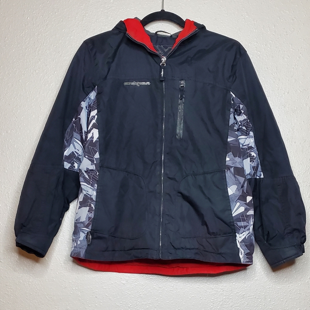 Boy's Zero XPosur Black Red Gray Thick Zip Up Raincoat Hooded Jacket (Size:L)